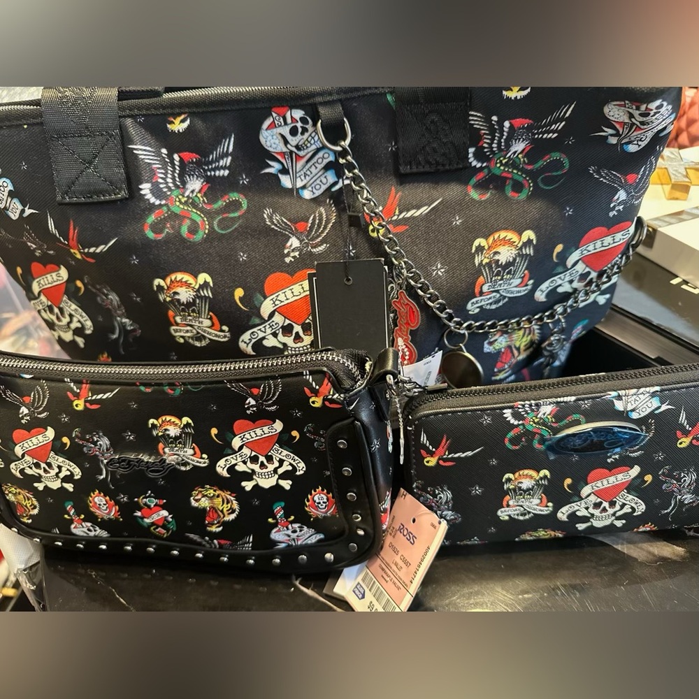 Ed Hardy Black and Red Tattoo Print Duffel Bag